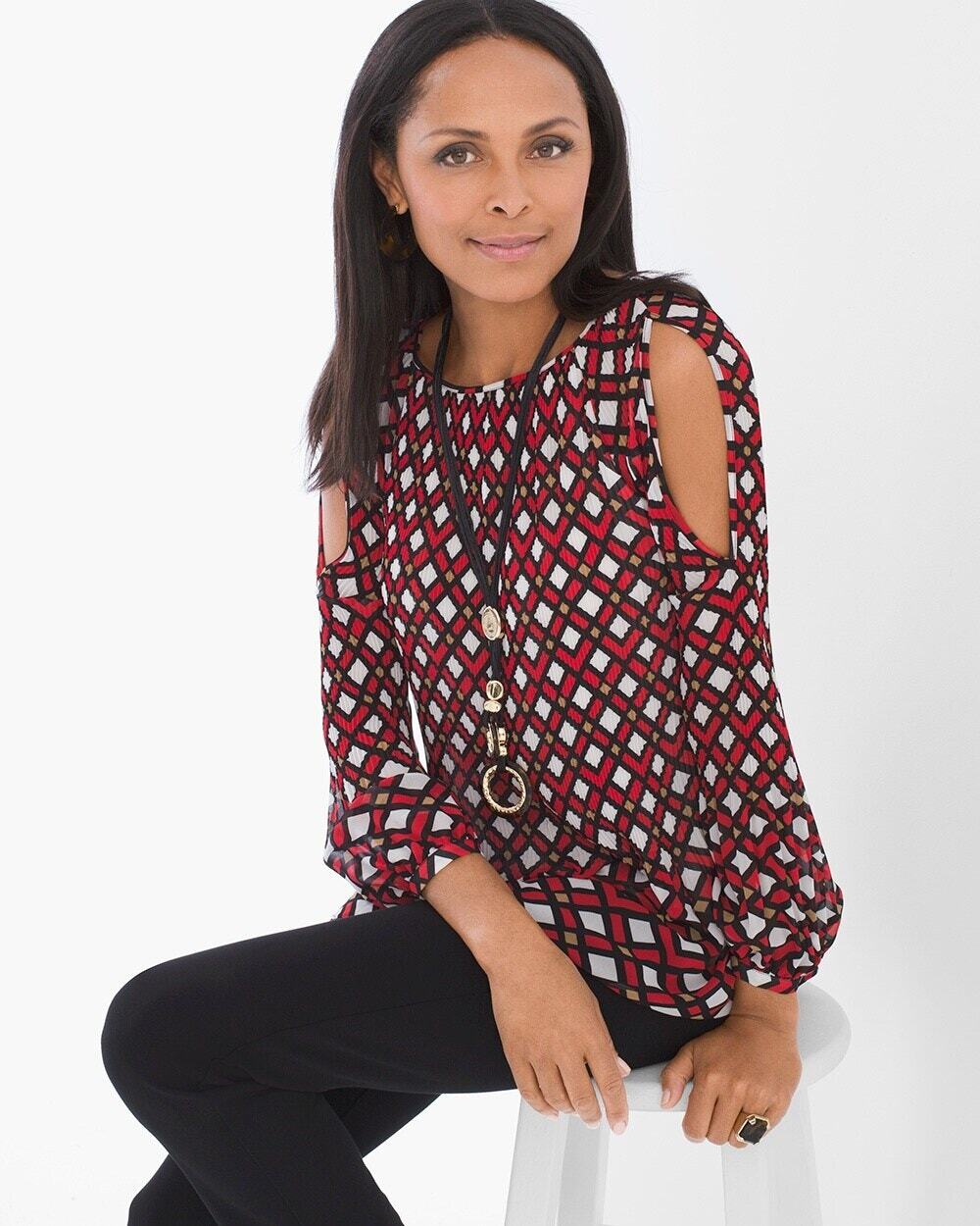 Chico's Geometric Pleated Cold-Shoulder Blouse Women's S Red Black Boho Flowy